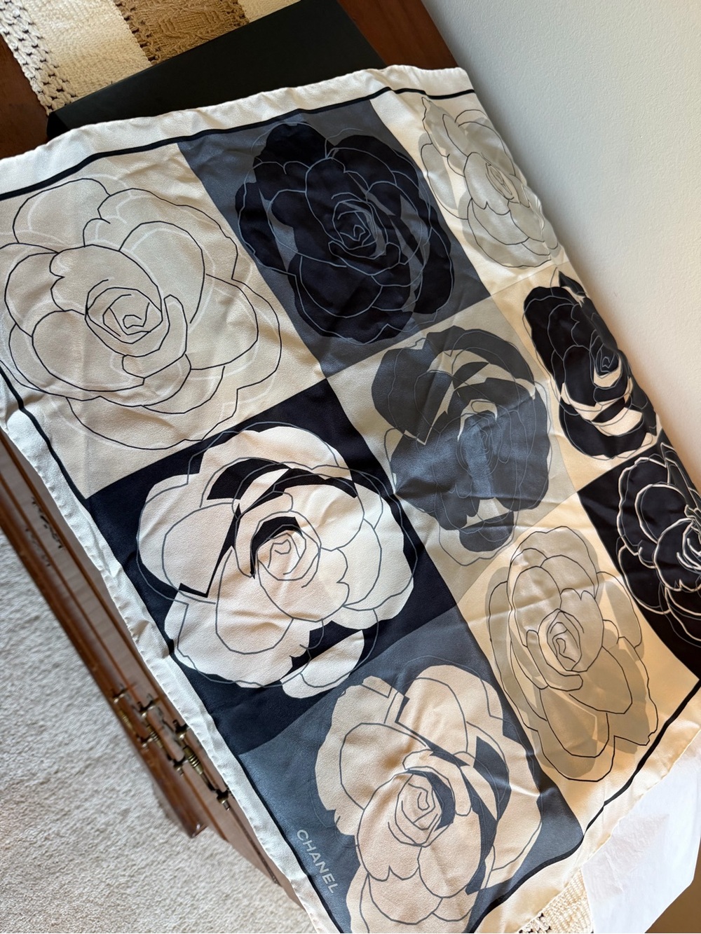CHANEL Cream and Black Camellia Print Silk Scarf with Tag